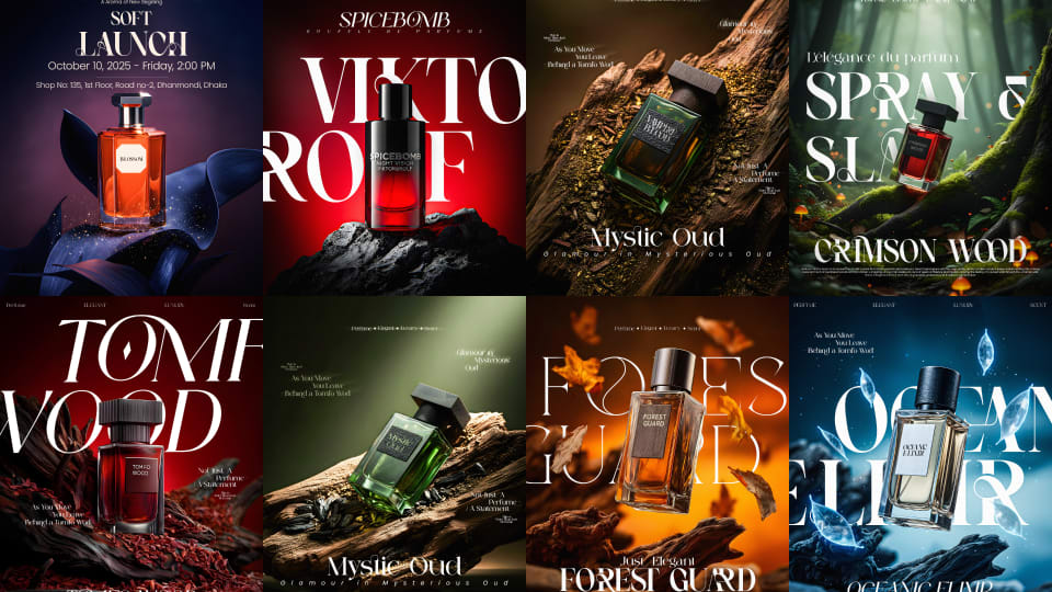 A grid collage displaying eight luxury perfume advertisement posters, featuring conceptual photo manipulations for brands like Mystic Oud, Spicebomb, and Tomfo Wood in surreal, nature-inspired environments.