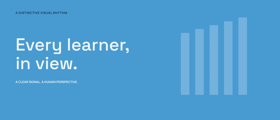 A graphic panel demonstrating the Edulytics visual rhythm, featuring the white text "Every learner, in view." on an Insight Blue background, accompanied by a subtle bar chart graphic indicating growth.