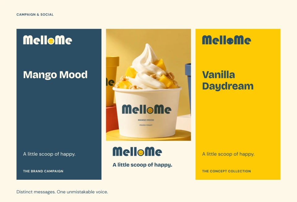 A three-panel layout showcasing MelloMe's campaign style, featuring bold text blocks for "Mango Mood" and "Vanilla Daydream" flanking a central image of a frozen yogurt cup topped with mango and granola.