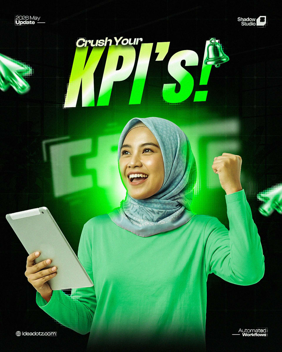 A vibrant green marketing poster featuring an excited woman in a hijab holding a tablet and raising her fist, with the bold, glowing headline "Crush Your KPI'S!" and floating green cursor icons.