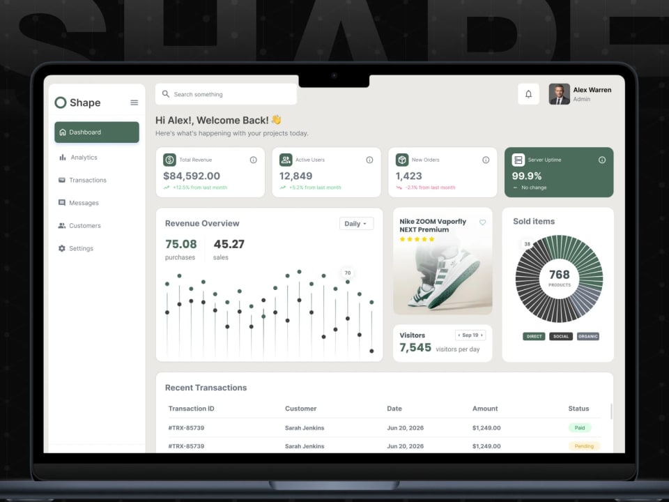 A high-fidelity, full-screen mockup of the Shape business dashboard on a laptop display, featuring intuitive charts, revenue overviews, and recent transaction logs for an admin user named Alex Warren.