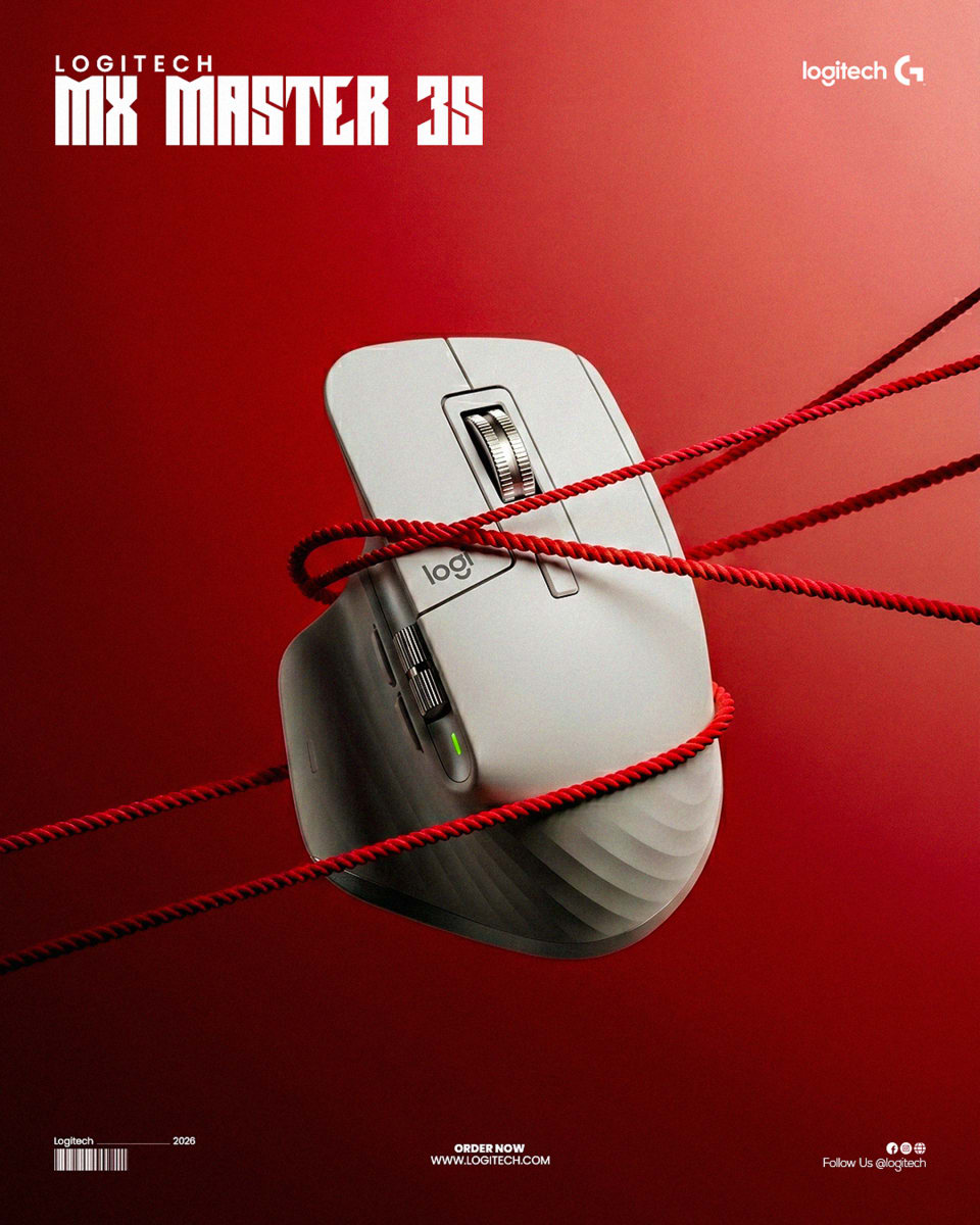 A white Logitech MX Master 3S wireless mouse dynamically entangled in a red rope, set against a deep red background.