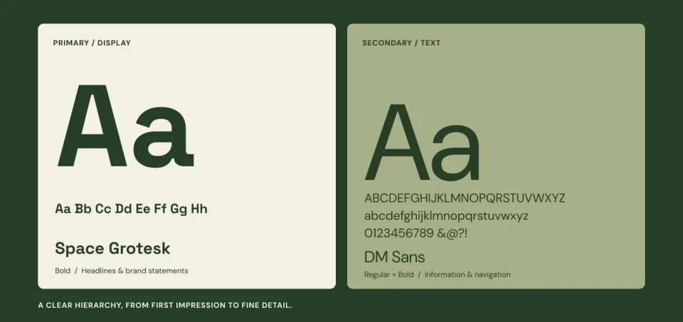 A typography style guide for the Trail Match brand, displaying the primary display font "Space Grotesk" in dark green and the secondary text font "DM Sans" set against a light moss green background.