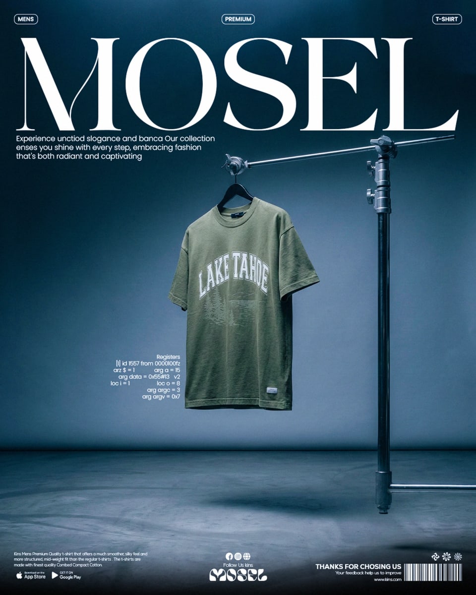 A minimalist advertisement showcasing an olive green "LAKE TAHOE" t-shirt hanging gracefully from a silver metal stand in a softly lit, moody blue studio setting.