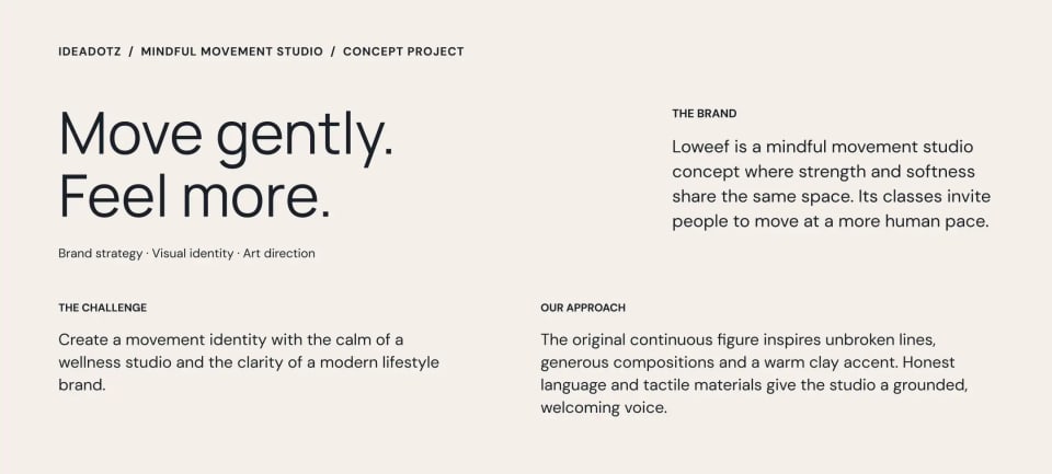 The brand story presentation slide for Loweef, detailing the concept of a mindful movement studio with the headline "Move gently. Feel more." against a Linen off-white background.