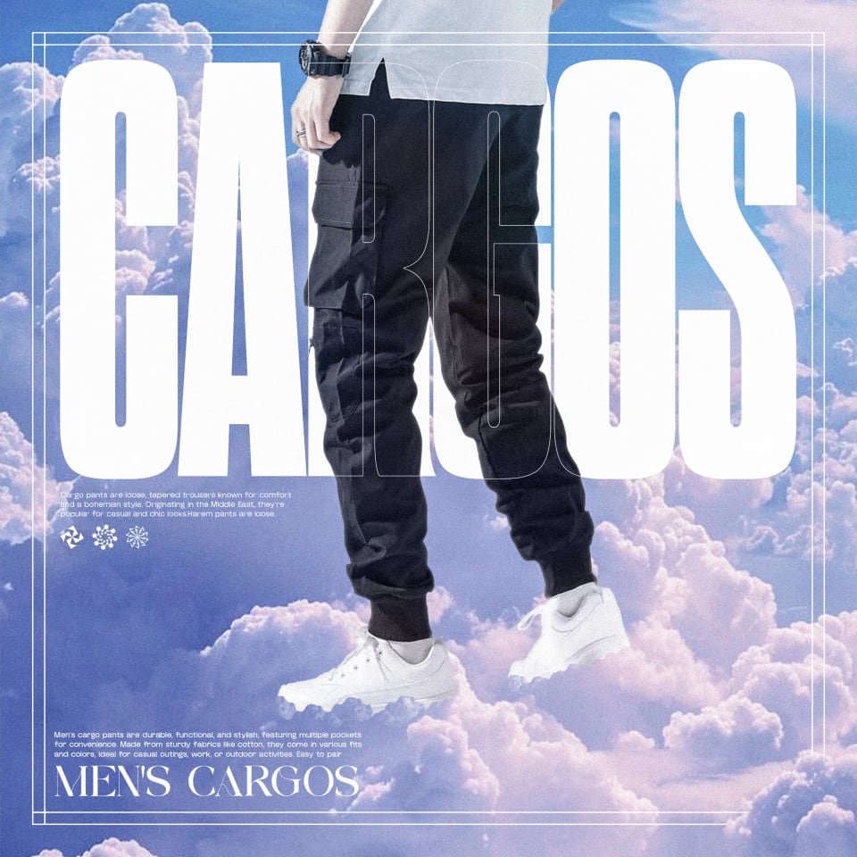 An apparel advertisement showing the lower half of a model wearing black men's cargo joggers and white sneakers, set against a dreamy sky with pink and purple clouds and large "CARGOS" typography.