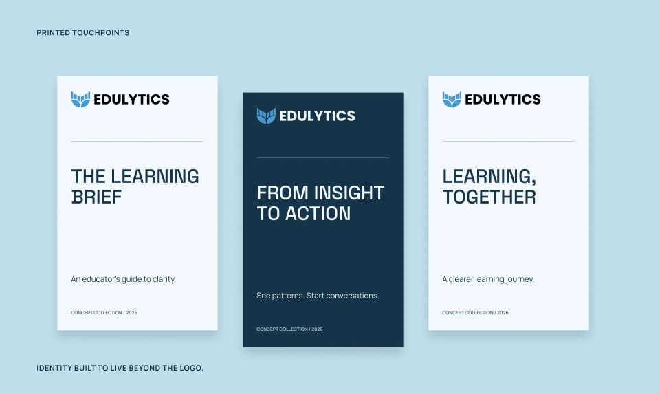 A mockup of three Edulytics printed touchpoints or cards set against a light blue background, featuring clean, professional designs and copy like "The Learning Brief" and "From Insight to Action."
