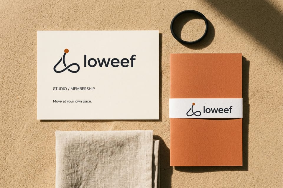 A flat lay mockup of Loweef branded items resting on a sandy texture, including a studio membership card, a Clay-colored booklet with a branded band, a black hair tie, and a linen cloth.