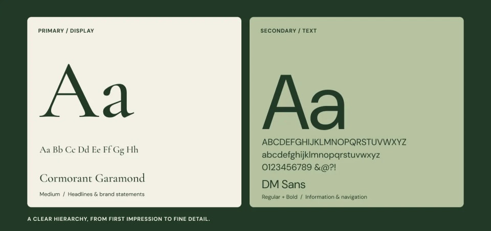 A typography style guide for the Dhriti brand, displaying the elegant primary display font "Cormorant Garamond" and the secondary text font "DM Sans" set against light cream and sage green backgrounds.