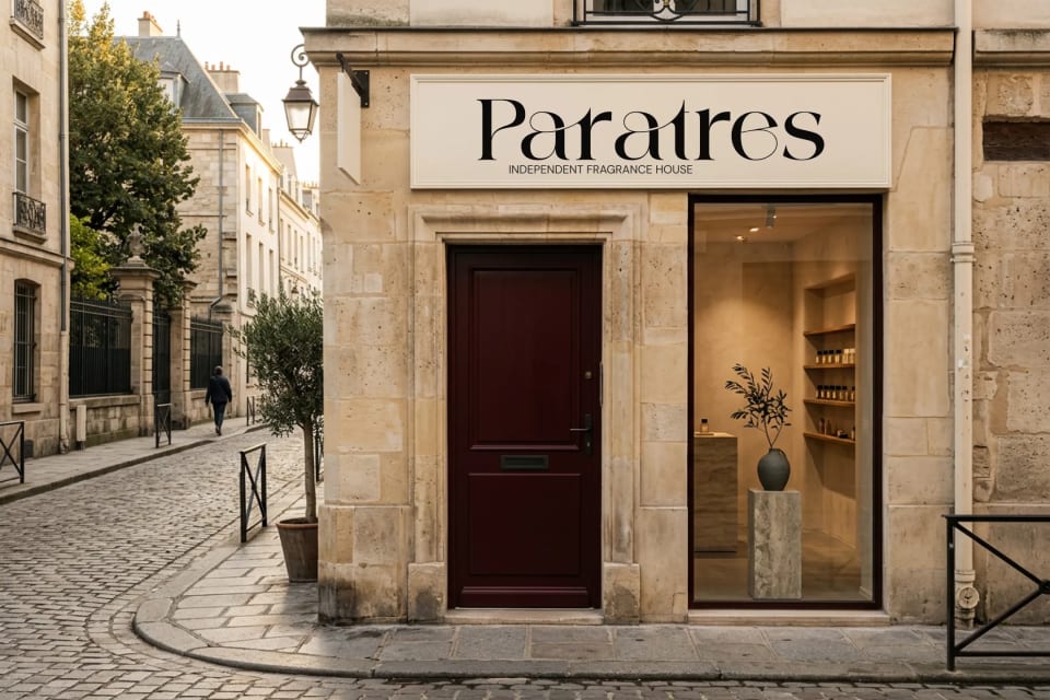 A charming Paratres independent fragrance house storefront on a European cobblestone street, featuring a dark oxblood door and a minimalist display window.