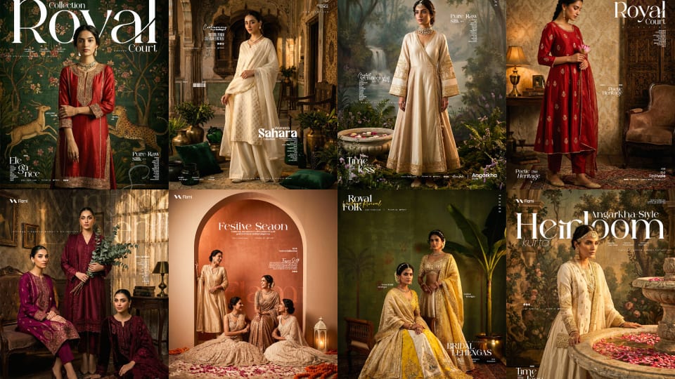 A collage of eight fashion editorial posters from the Flami 2026 campaign, showcasing female models in premium South Asian ethnic wear, including bridal lehengas, silk anarkalis, and vintage kurtas in various royal and festive settings.