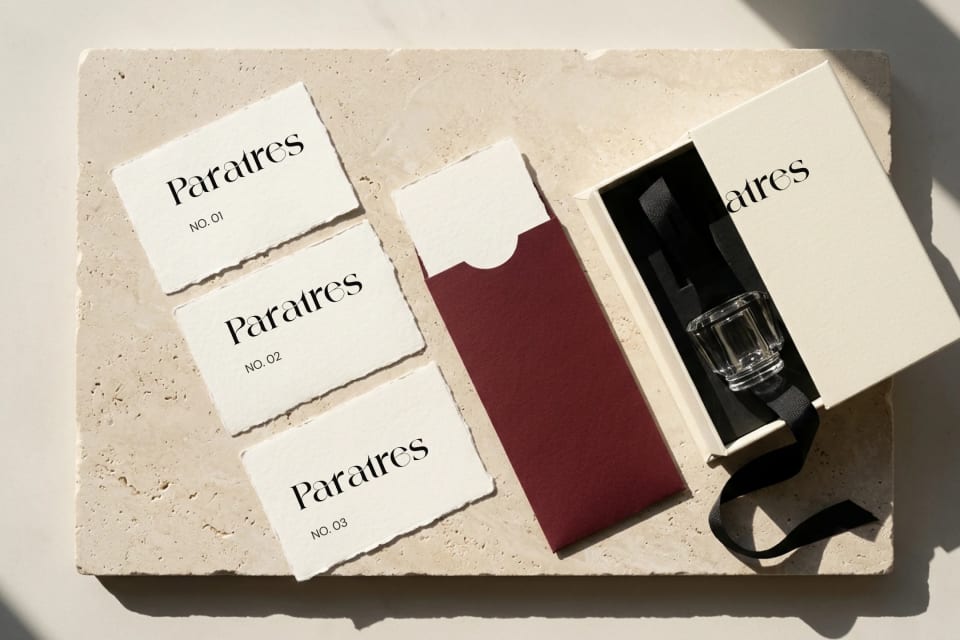 A flat lay packaging mockup on textured stone, displaying three deckled-edge scent cards, a deep Oxblood sleeve, and a delicate perfume bottle inside a Parchment-colored box.