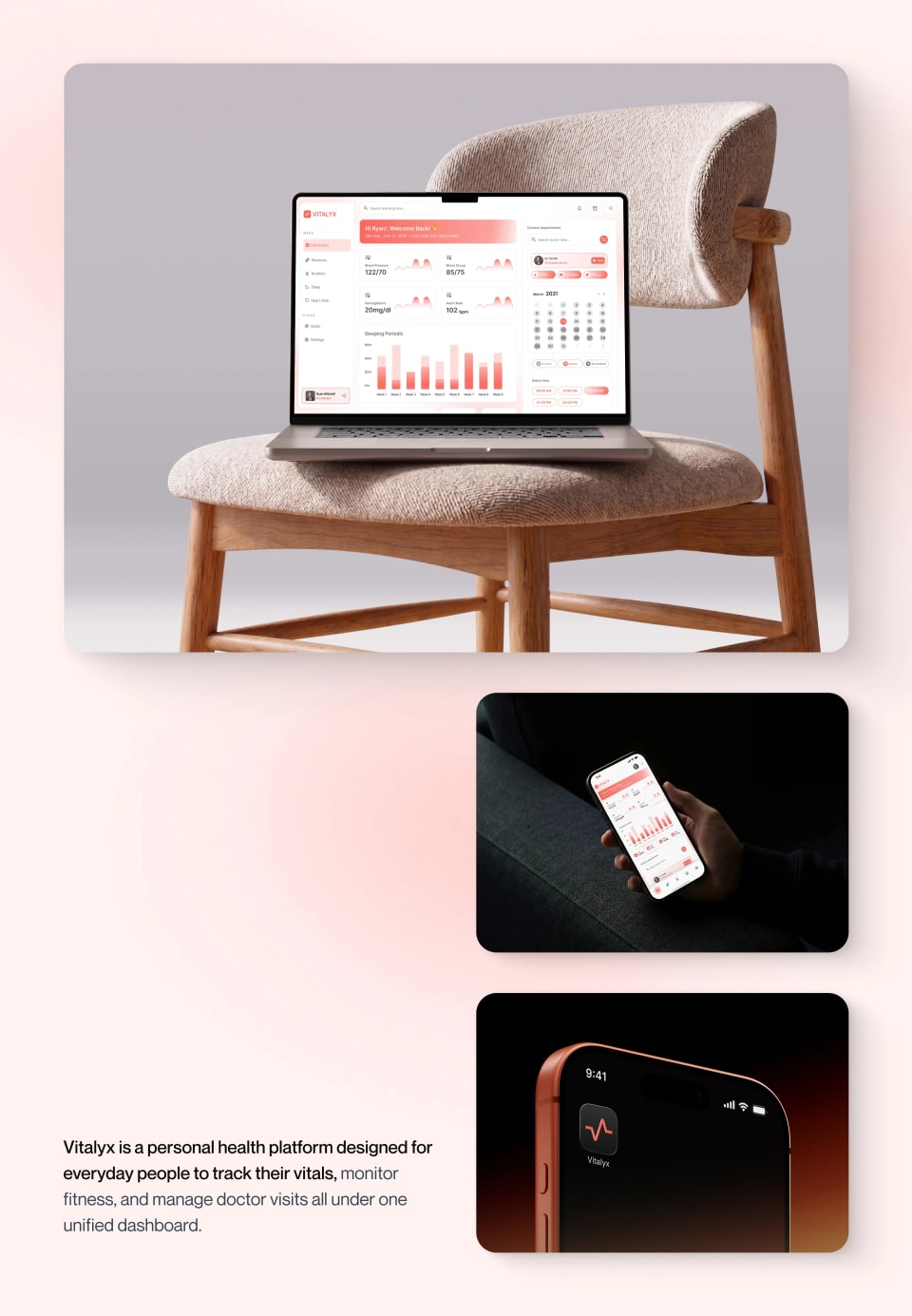 A sleek presentation collage showing the Vitalyx web app displayed on a laptop resting on a modern chair, alongside two smaller inset images demonstrating the mobile app interface being used in hand.