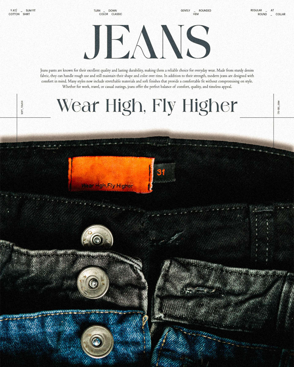 A macro photography shot focusing on the metallic buttons, orange label, and denim texture of Blook jeans, highlighting the stitching and fabric quality.