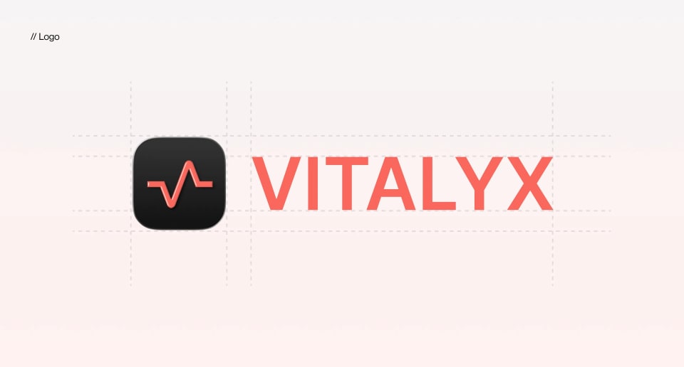 The logo presentation slide for Vitalyx, displaying a black rounded square icon with an orange-red heartbeat pulse line, positioned next to the brand's uppercase wordmark on a structural grid.