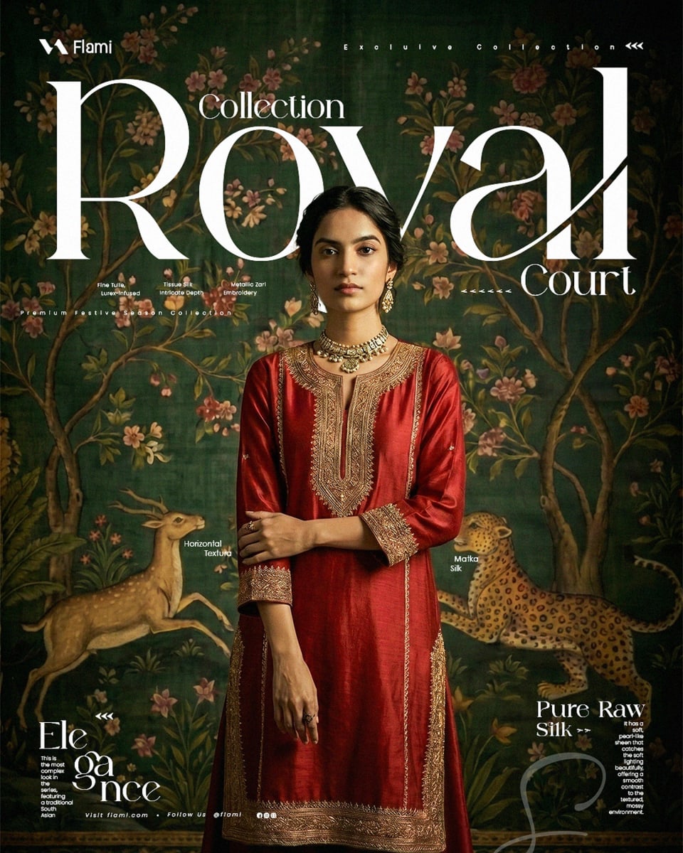 A woman modeling a red matka silk kurta with intricate gold embroidery from the Flami Royal Court collection, standing against a vintage green backdrop with deer and leopard motifs.