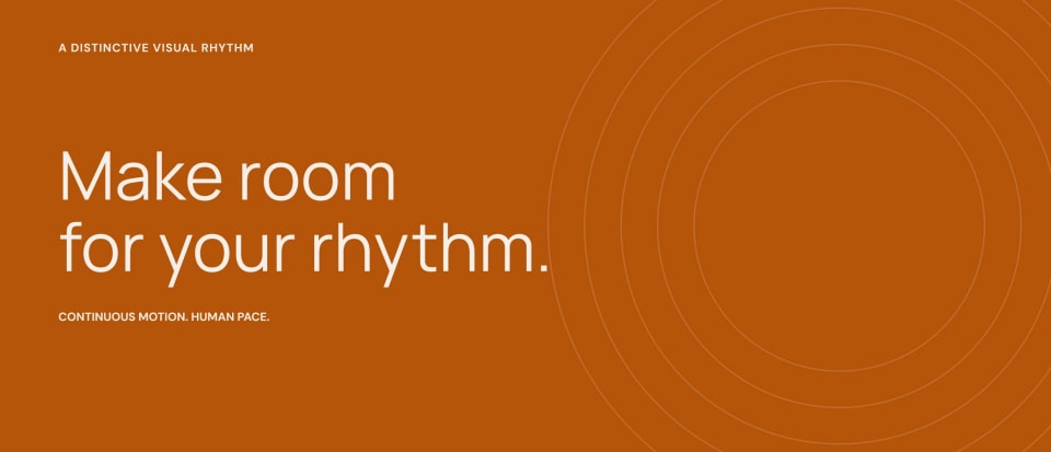 A graphic panel demonstrating the Loweef visual rhythm, featuring the white text "Make room for your rhythm." on a Clay background, accompanied by a subtle, concentric circular line graphic.