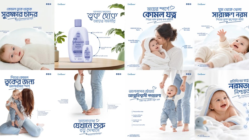 A comprehensive grid collage of eight Unilever baby care promotional posters, featuring gentle photography of mothers and babies, product showcases for Johnson's baby lotion, and soft Bengali typography emphasizing newborn skin protection and love.