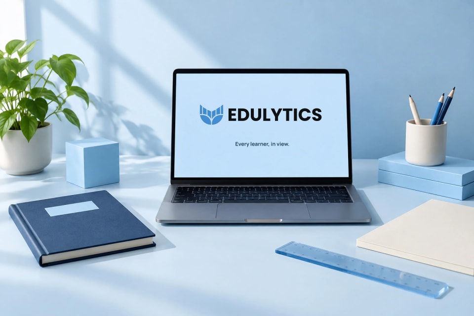 The main cover image for the Edulytics brand project, displaying a sleek laptop open on a light blue desk, showing the Edulytics logo on the screen alongside stationery, a notebook, and a small potted plant.