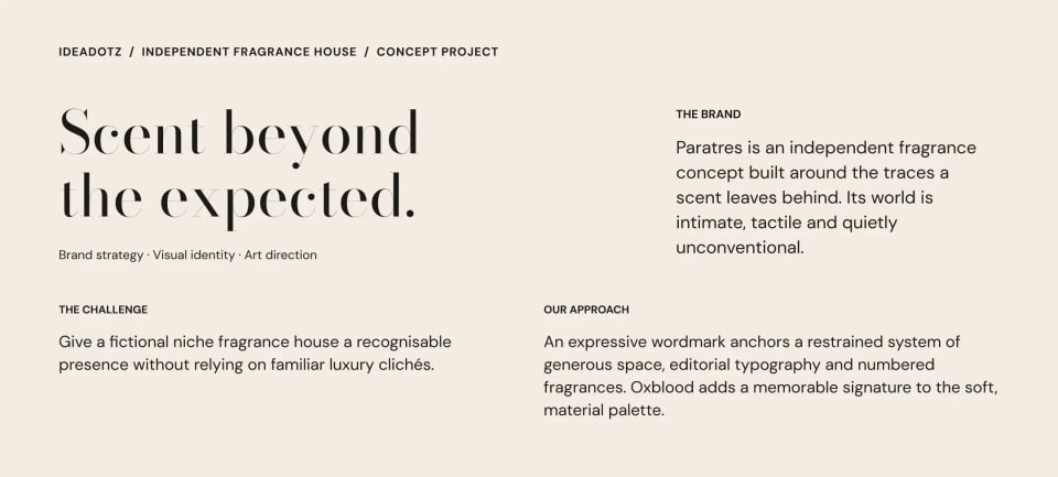 The brand story presentation slide for Paratres, titled "Scent beyond the expected," explaining the concept of an intimate and tactile independent fragrance house.
