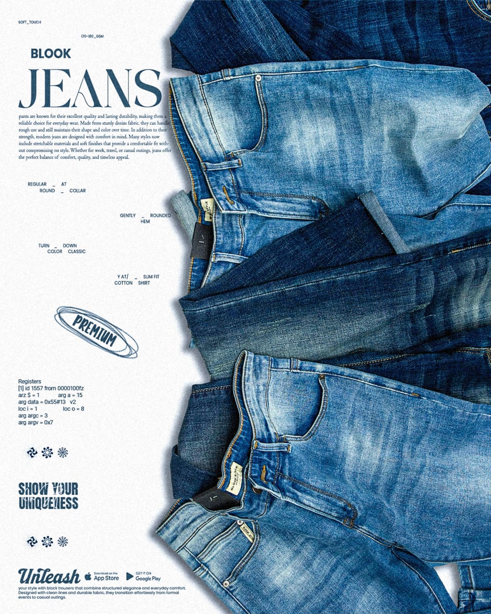 A stylish flat lay arrangement of premium blue denim jeans from Blook Style, accompanied by editorial text detailing fabric comfort and durability.