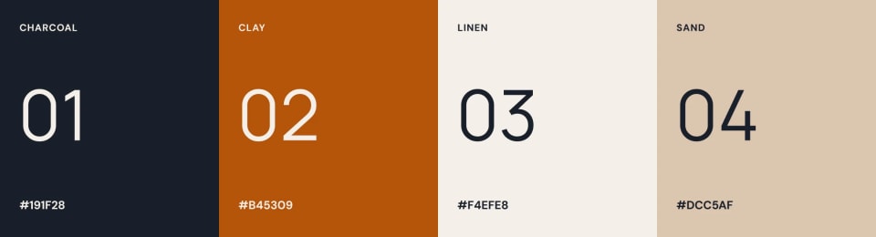 The official Loweef brand color palette displaying four vertical earth-toned color swatches: Charcoal (dark grey/blue), Clay (warm orange/brown), Linen (off-white), and Sand (light beige), complete with hex codes.