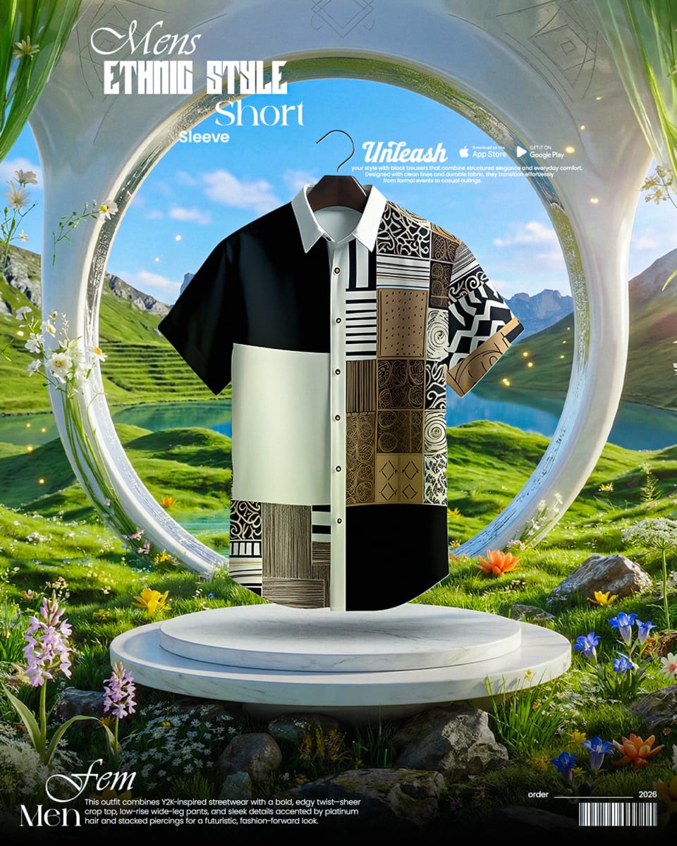 A men's ethnic style short sleeve shirt, half black and white and half featuring varied brown patterned squares, hovering over a white stone pedestal against a surreal, circular landscape background.