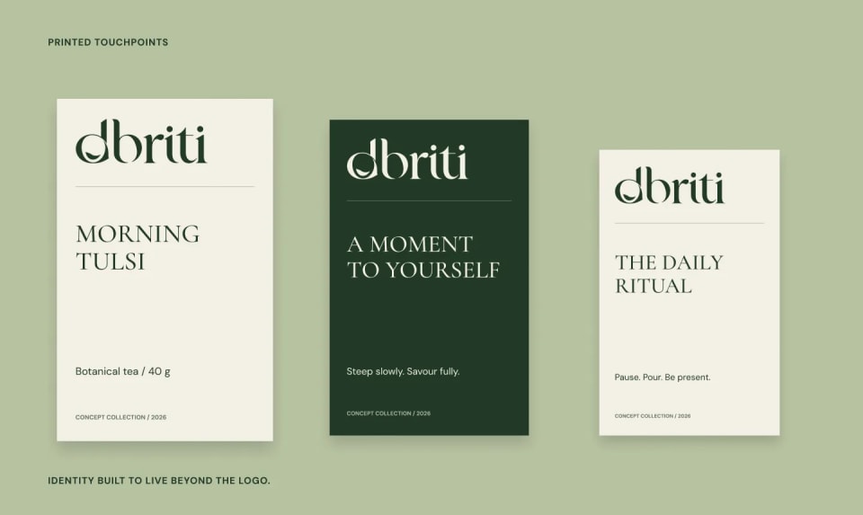 A mockup of three Dhriti printed touchpoints or cards set against a Sage green background, featuring minimalist designs and copy like "A moment to yourself" and "The daily ritual."