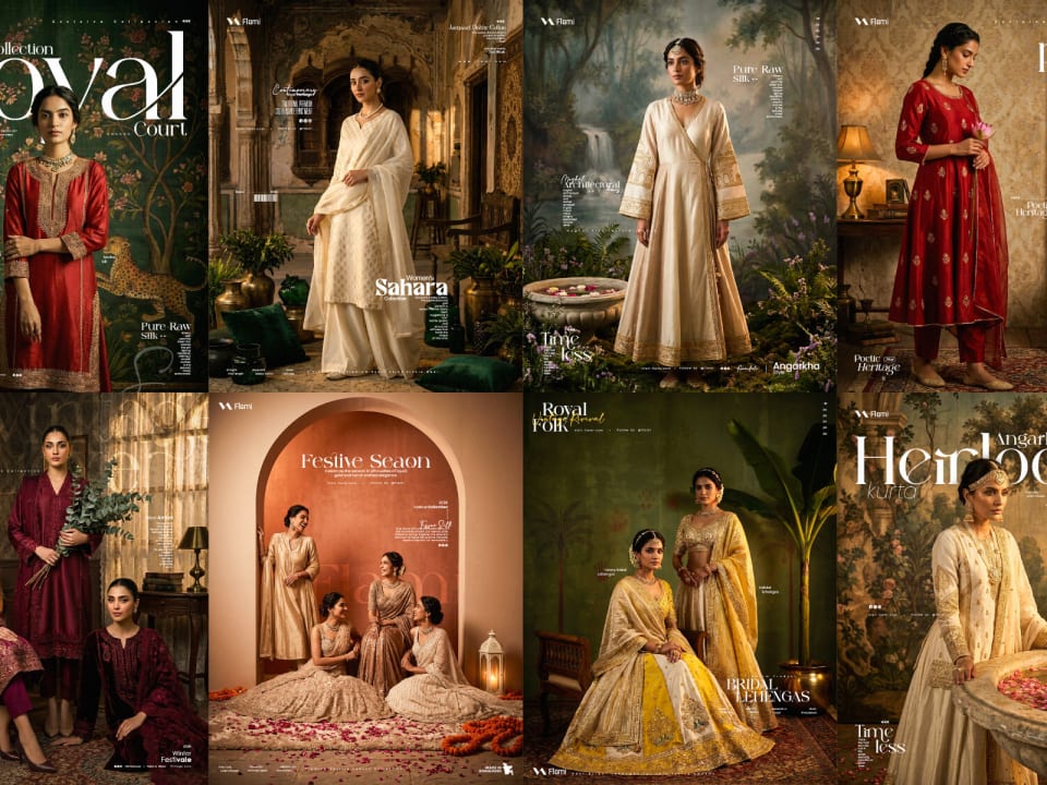 Female fashion models showcasing premium South Asian ethnic wear, festive lehengas, and royal heritage kurtas for the Flami 2026 collection.