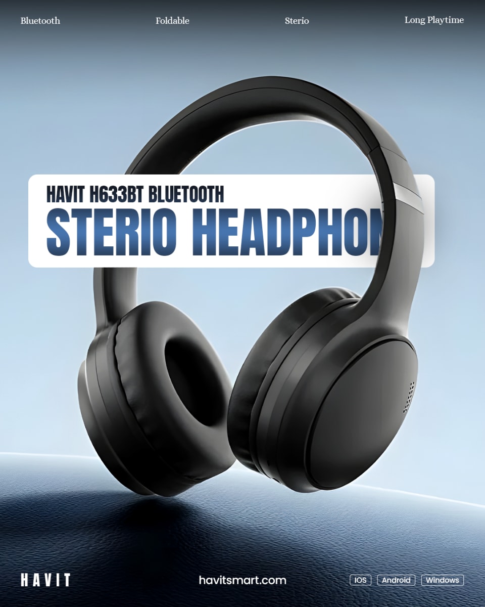 A minimalist product advertisement showcasing black Havit H633BT Bluetooth Stereo Headphones hovering above a textured blue surface under soft lighting.