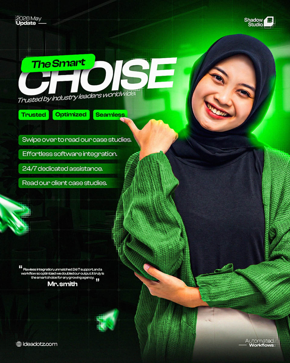 A dynamic green advertisement featuring a smiling woman in a hijab pointing her thumb towards the text "The Smart CHOISE", with floating green cursor icons and a client testimonial quote from "Mr. smith" at the bottom.