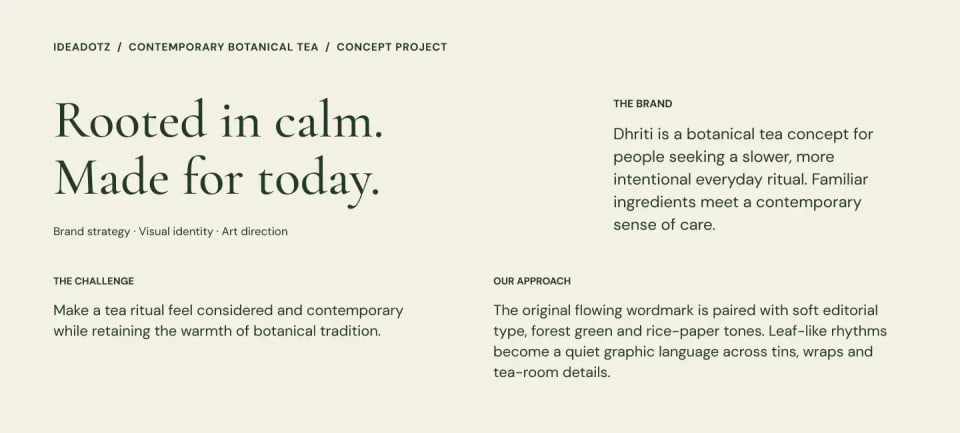 The brand story presentation slide for Dhriti, detailing the concept of a contemporary botanical tea for an intentional everyday ritual, with the headline "Rooted in calm. Made for today."