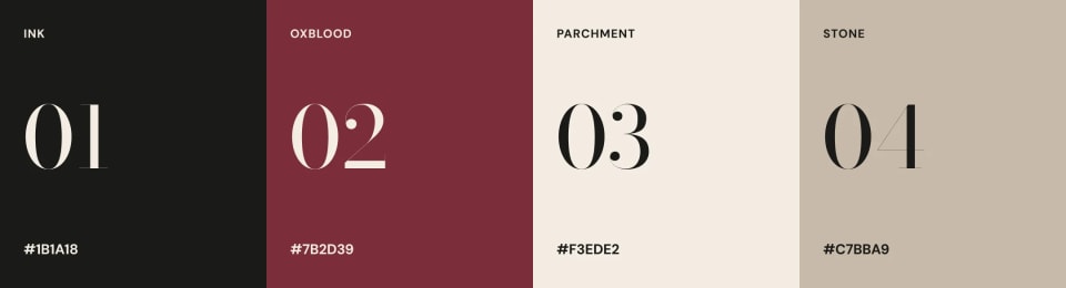 The official Paratres brand color palette showing four swatches: Ink (black), Oxblood (deep burgundy), Parchment (off-white), and Stone (beige), along with their hex codes.