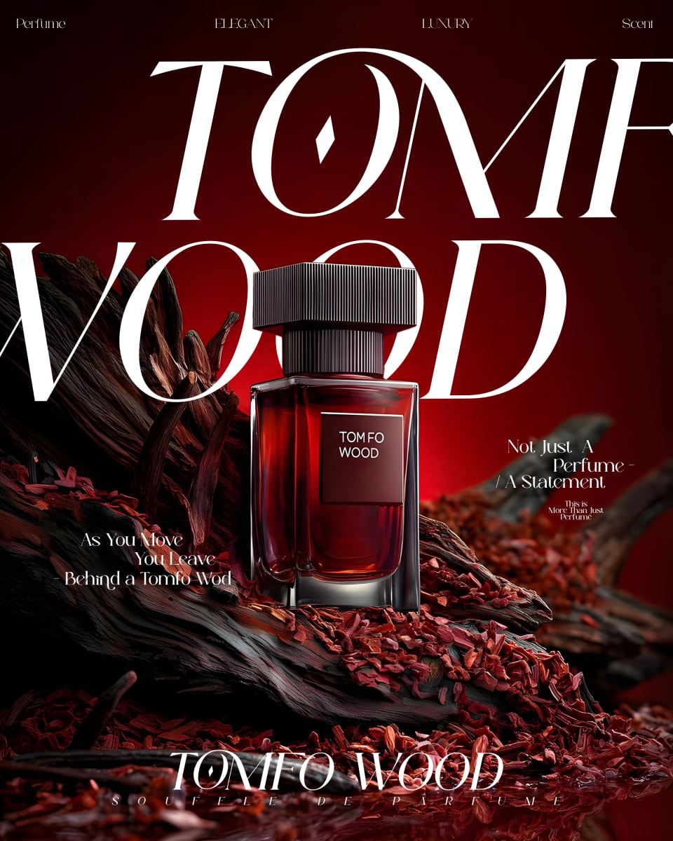 A striking red-themed poster for Tomfo Wood perfume, featuring a deep red fragrance bottle placed on textured driftwood surrounded by red wood chips and large elegant typography.
