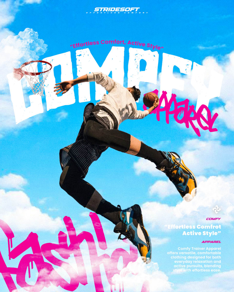 A dynamic sports apparel advertisement for "Comfy Apparel," showing a basketball player mid-jump against a bright blue sky with fluffy clouds, accented with bold, graffiti-style pink and white typography.