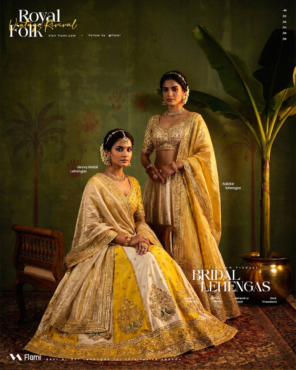Two female models showcasing heavy yellow and gold bridal lehengas from the Flami Royal Vintage Revival Folk collection, posing in a traditional setting with a banana plant.
