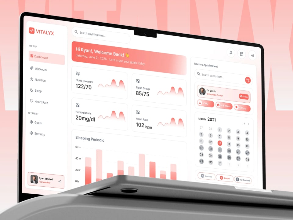 A close-up mockup of the Vitalyx personal health dashboard displayed on an angled laptop screen, highlighting a clean orange-red interface with data cards for vital signs, a sleeping periodic bar chart, and a doctor's appointment booking calendar.