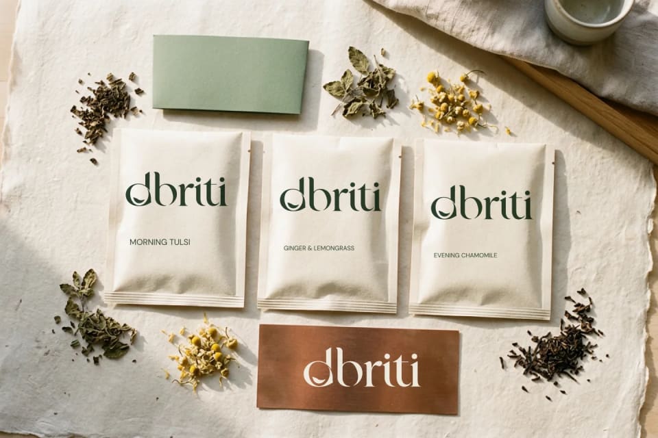 A flat lay mockup of Dhriti tea packaging resting on textured rice paper, including three white tea sachets labeled "Morning Tulsi," "Ginger & Lemongrass," and "Evening Chamomile," surrounded by scattered dried herbs and a copper-colored brand card.
