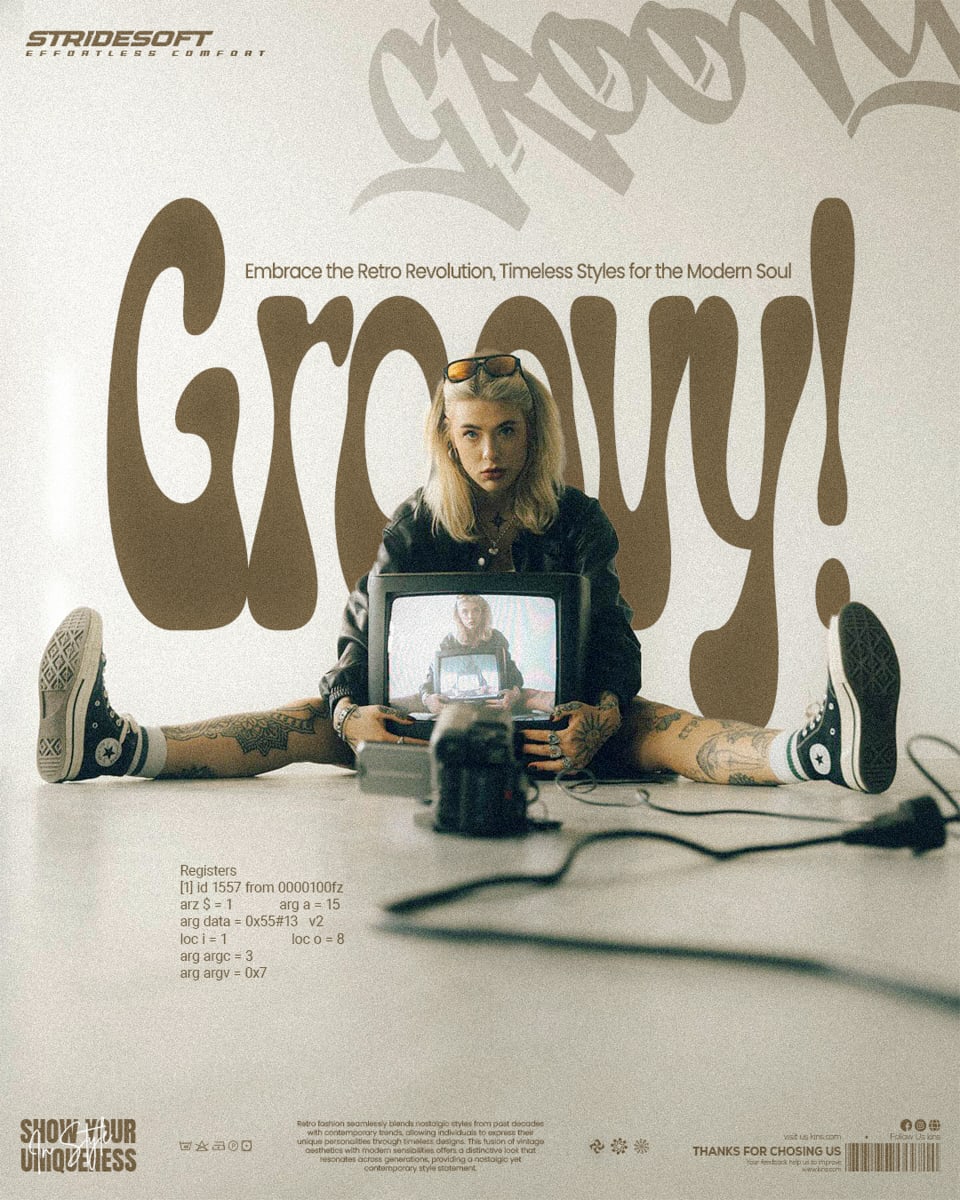 A retro-themed fashion poster titled "Groovy!", showing a blonde model sitting with her legs spread, holding a small vintage television that displays her own image, surrounded by a vintage camera and large brown retro typography.