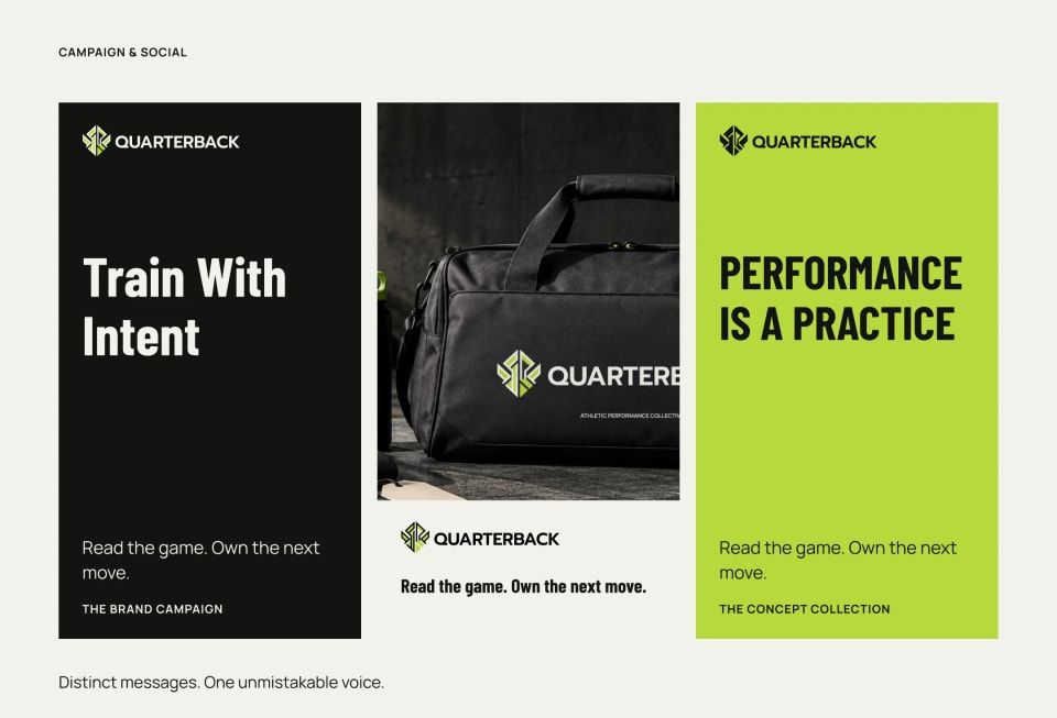 A three-panel layout showcasing the Quarterback campaign style, contrasting bold text blocks in Carbon black and Signal Lime flanking a central image of the branded black duffel bag.