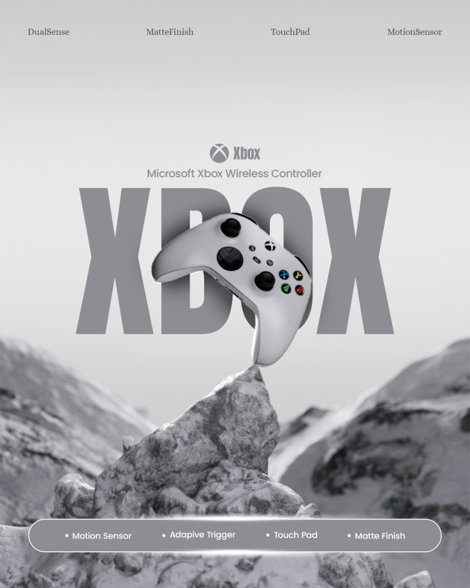 A monochromatic, dramatic poster showing a white Microsoft Xbox Wireless Controller balancing flawlessly on the tip of a snowy, rocky mountain peak, with large "XBOX" text in the background.
