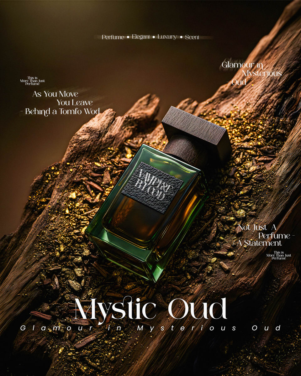 An elegant advertisement for Mystic Oud perfume, showing a green glass bottle resting on textured driftwood scattered with luxurious gold flakes.