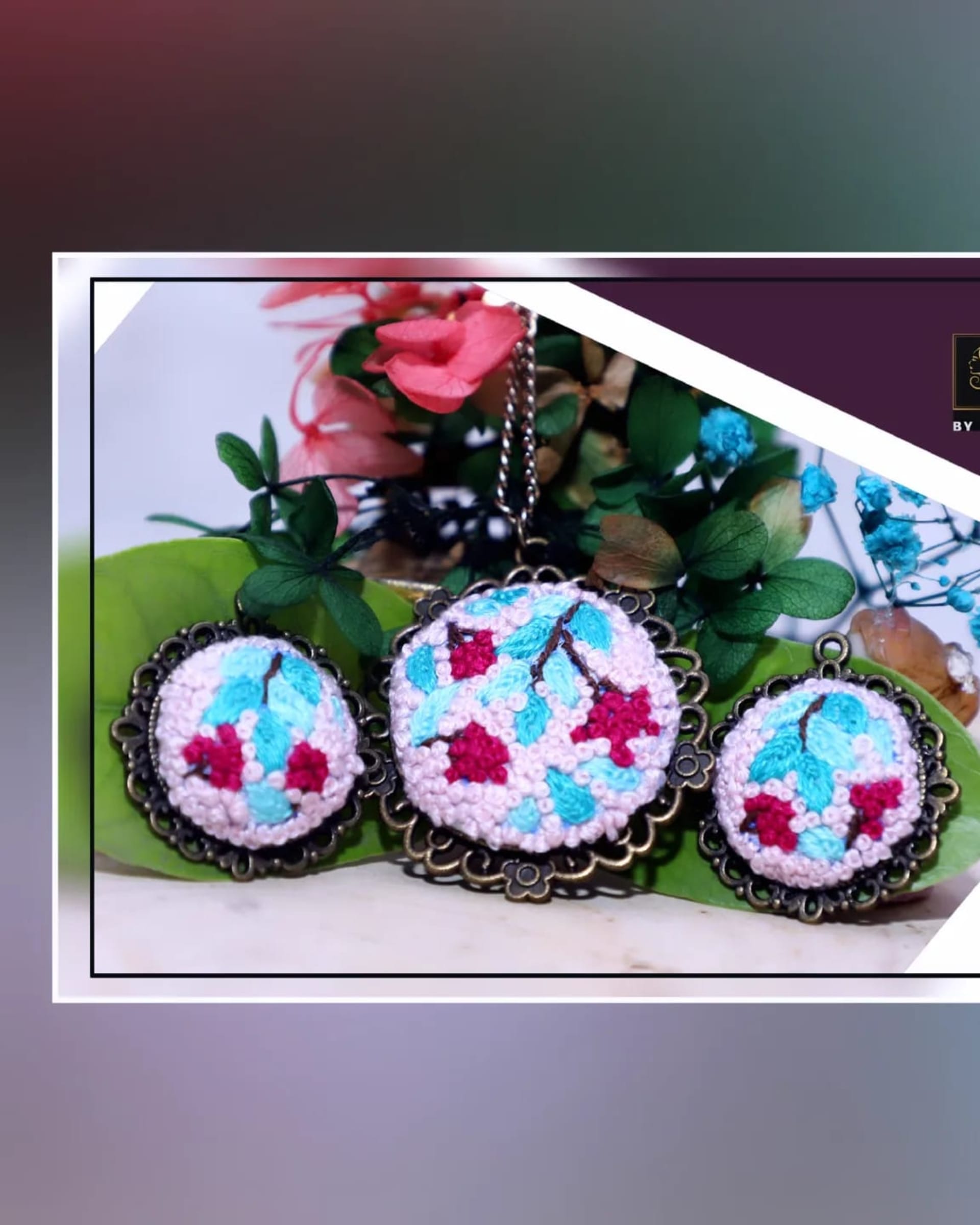 Cyan blossom embroidered pendant and earrings