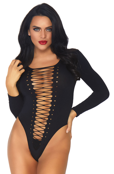 Leg Avenue Long Sleeved Bodysuit One Size Teddy med korsettsnörning | | Intimast