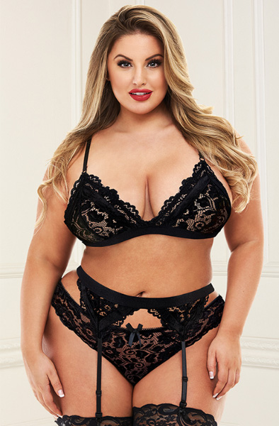 Baci Lingerie 3pc Lace Garter Set Black Queen Size Sexiga underkläder | | Intimast