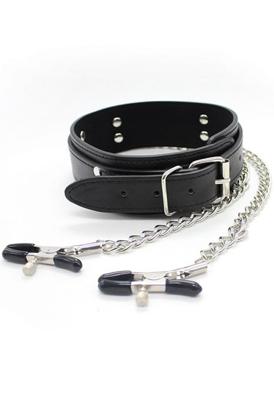 Collar With Nipple Clamps & Metal Chain Halsband med bröstklämmor