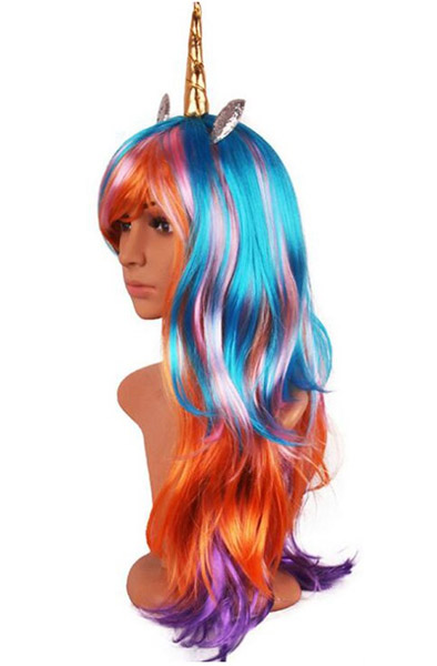 Wig With Golden Unicorn Horn Peruk