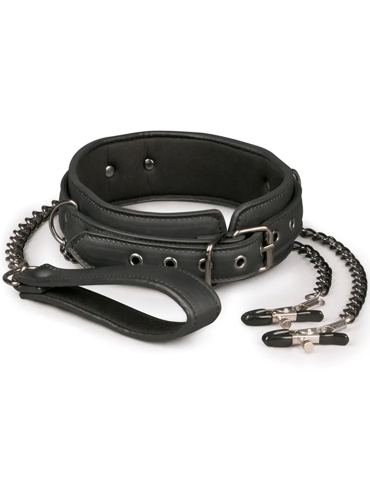 Easytoys Leather Collar With Nipple Chains Halsband med bröstklämmor