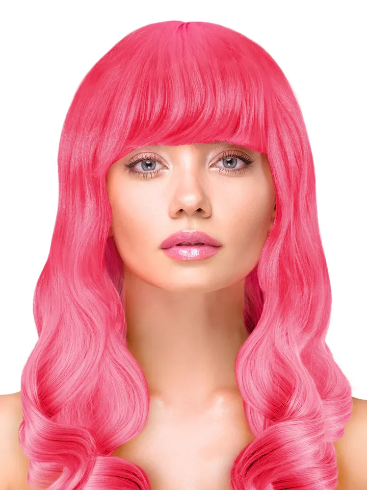 Party Wig Long Wavy Hair Neon Pink Peruk