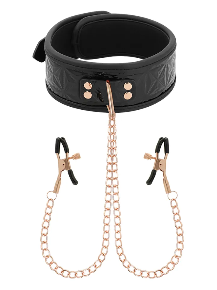 Black Edition Collar With Nipple Clamps Halsband med bröstklämmor